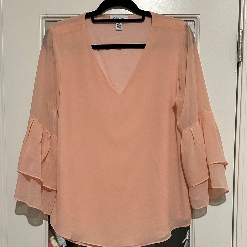 Calvin Klein Peach V-Neck Blouse with Layered Sleeves
